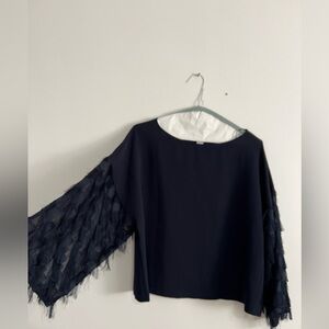 H&M Classy Feminine Summer Feather Shoulder Dark Blue See-Through Blouse